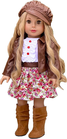 Sweet Pea - 3 Piece Doll Outfit for 18 inch American Girl Doll - Pink Top, Brown Leggings, Pink Winter Boots.