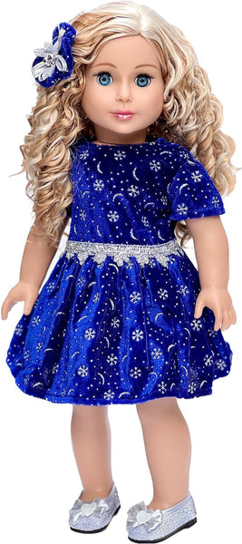 DreamWorld Collections - Midnight Blue - 3 Piece Outfit - Dark Blue Sparkling Holiday Dress with matching Silver Shoes and headpiece