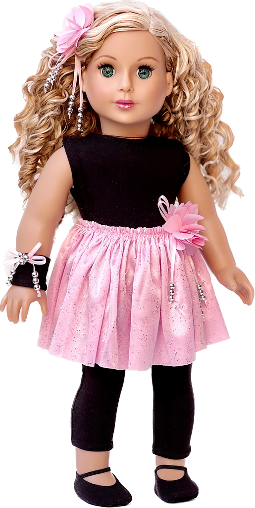 Show Time - Ballet Outfit for 18 inch Doll - Black Unitard, Pink Tutu Skirt, Slippers, Corsage, Hair Piece and Wristband
