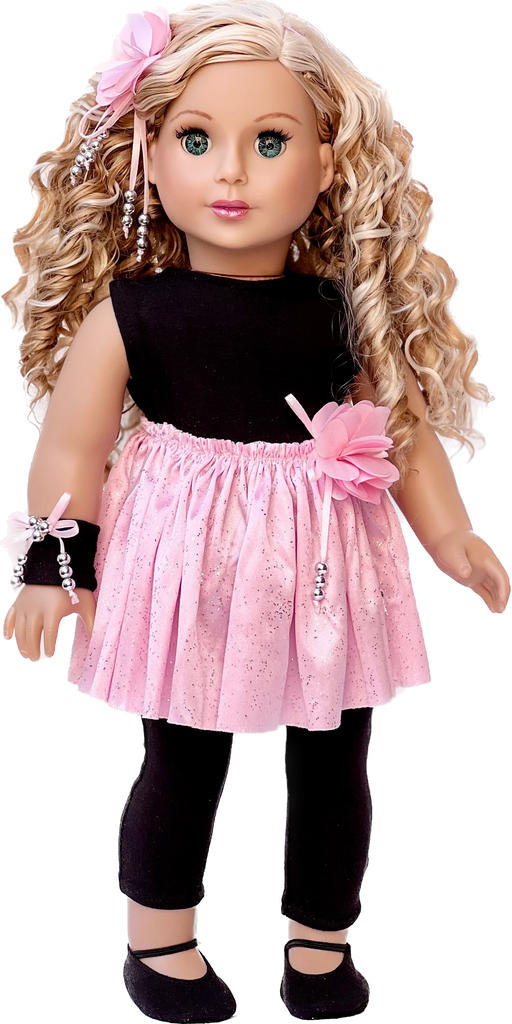 Show Time - Ballet Outfit for 18 inch Doll - Black Unitard, Pink Tutu Skirt, Slippers, Corsage, Hair Piece and Wristband