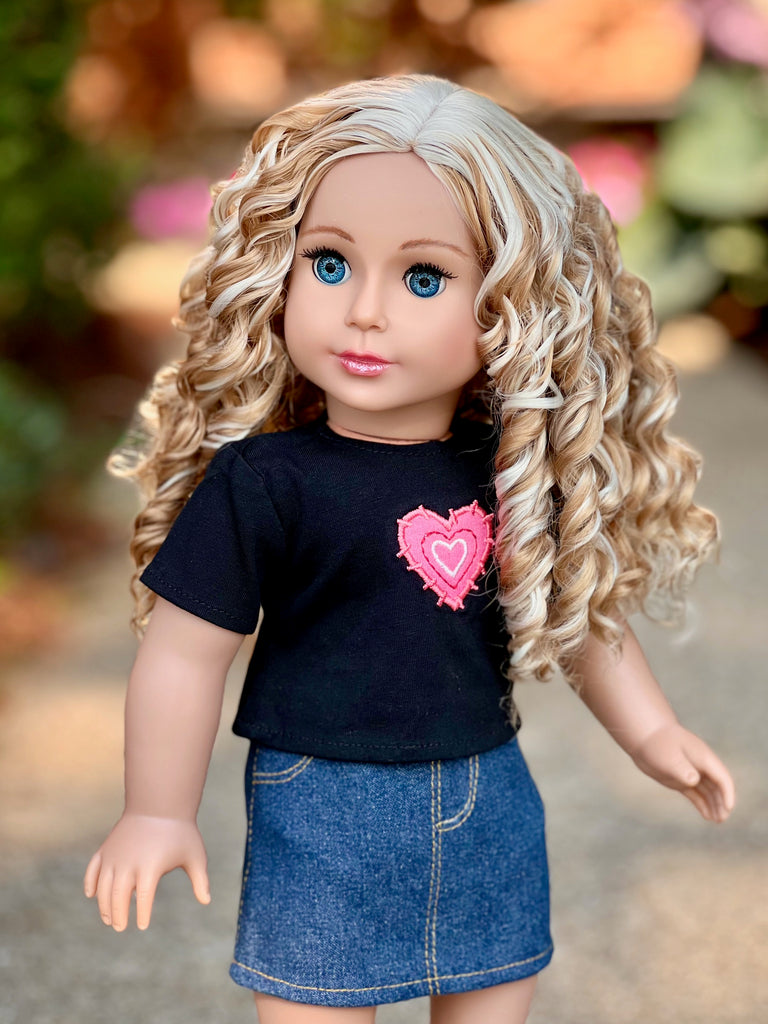 Rock Star - Clothes for 18 inch Doll - 3 Piece Outfit - T-Shirt, Denim Skirt and Hot Pink Boots