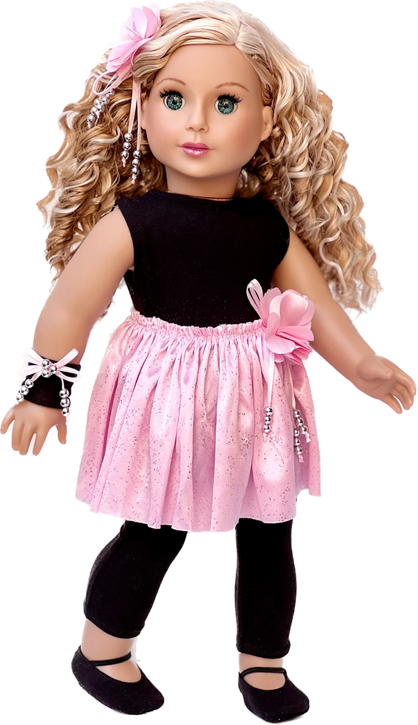Show Time - Ballet Outfit for 18 inch Doll - Black Unitard, Pink Tutu Skirt, Slippers, Corsage, Hair Piece and Wristband
