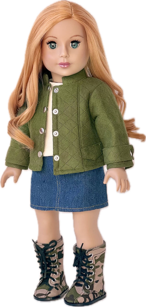 Camo Chic - 4 Piece Outfit for 18 Inch Doll - Ivory Tank Top, Denim Skirt, Green Jacket and Camouflage Boots - 18 Inch Doll Clothes ( Doll Not Included)