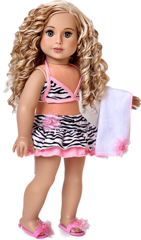 Bikini Mini - Clothes for 18 inch Doll - 4 Piece Swimsuit Outfit - Skirt, Top, matching Flip Flops and Beach Towel