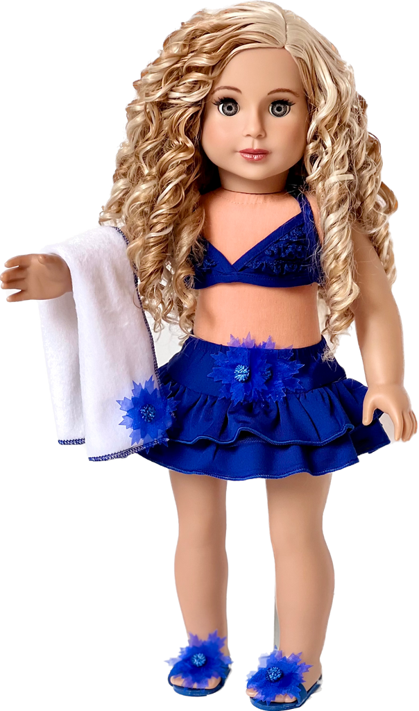 Bikini Mini - Clothes for 18 inch Doll - 4 Piece Swimsuit Outfit - Skirt, Top, matching Flip Flops and Beach Towel