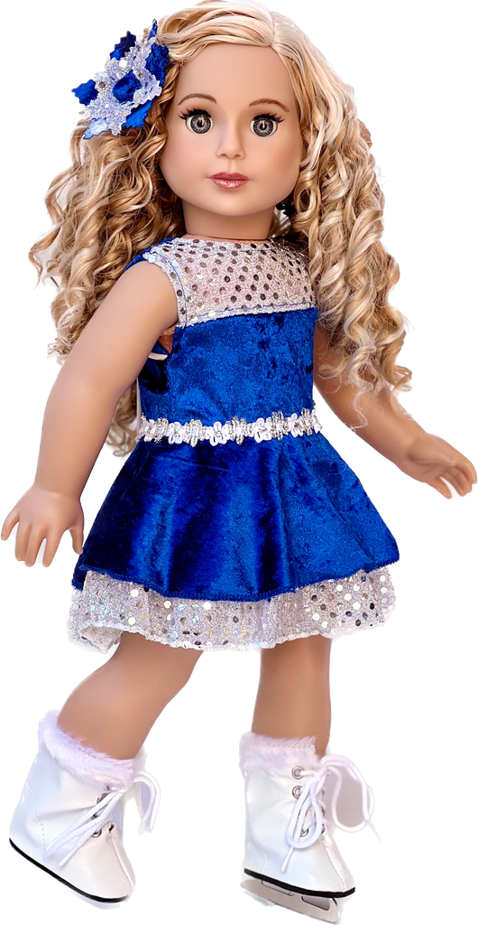 Ice Dancer - Clothes for 18 inch Dolls - Blue Leotard with Double Blue and Silver Ruffle Skirt, Decorative Head Flower, White Skates