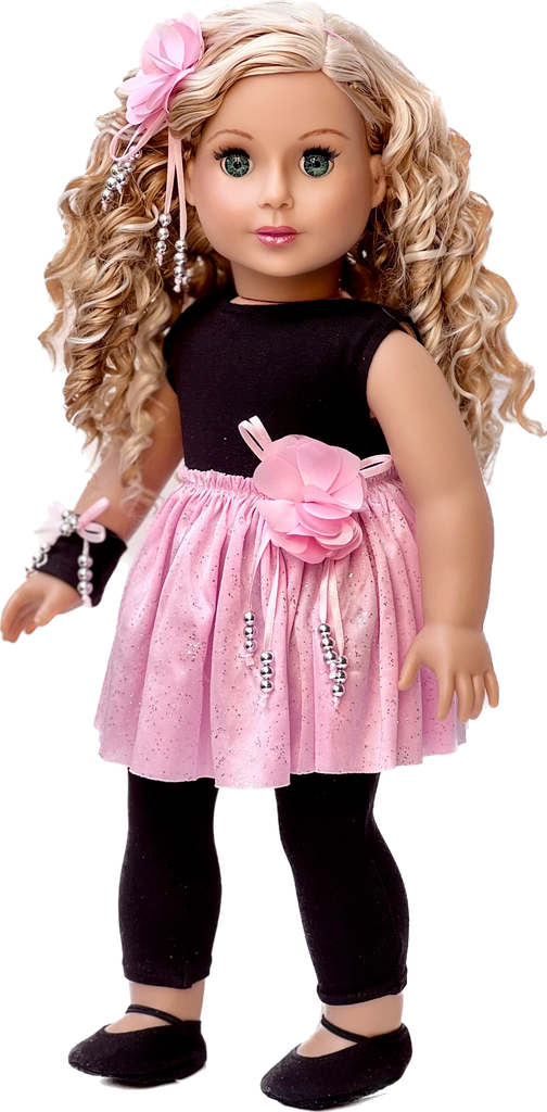 Show Time - Ballet Outfit for 18 inch Doll - Black Unitard, Pink Tutu Skirt, Slippers, Corsage, Hair Piece and Wristband
