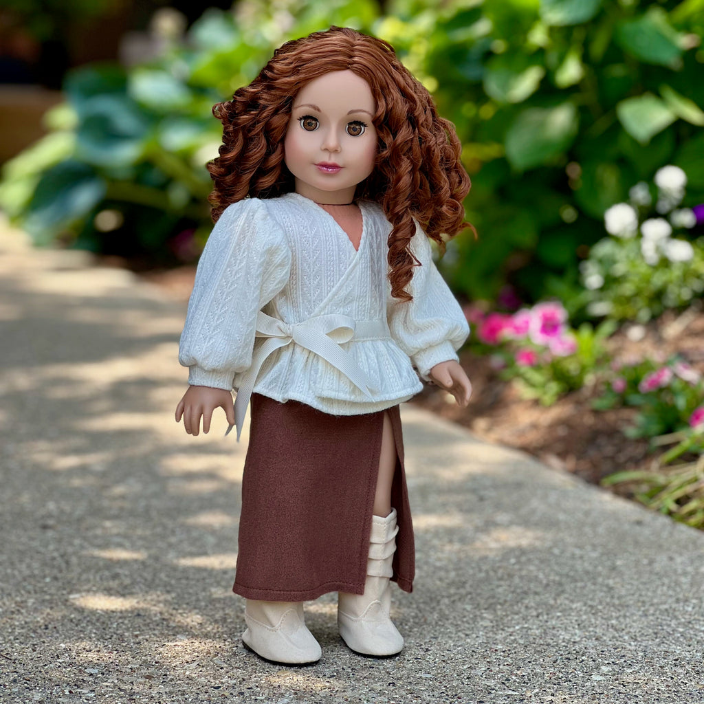 Fashion Fusion - 3 Piece Outfit for 18 inch Doll - Ivory Blouse, Brown Skirt and Ivory Boots - 18 inch Doll Clothes ( Doll Not Included)