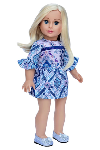Fun with the Sun - Clothes for 18 inch Doll - 4 Piece Swimsuit Outfit - Skirt, Bikini Top, matching Flip Flops and Beach Blanket