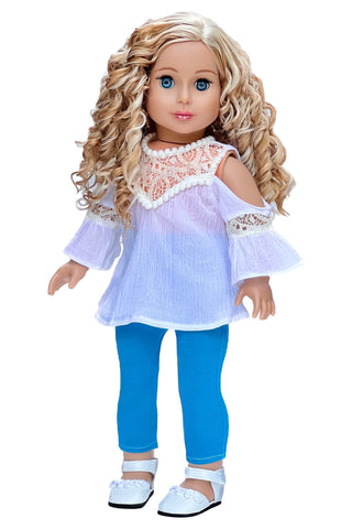 Stylish - 3 Piece Doll Outfit for 18 inch American Girl Doll - Blue Tunic, Leggings and White Cowboy Boots.