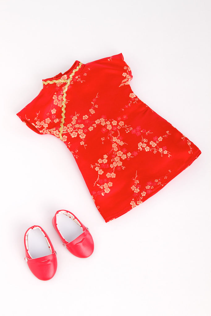 Asian Beauty - Clothes for 18 inch Doll - Asian Red and Gold Traditional Dress with Golden Shoes