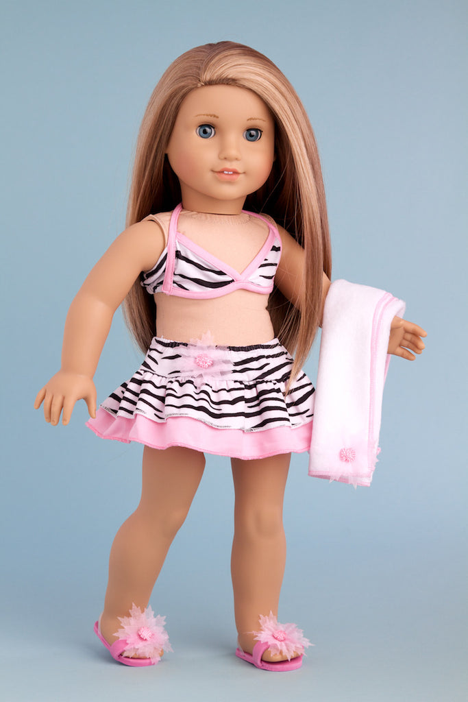 Fun with the Sun - Clothes for 18 inch Doll - 4 Piece Swimsuit Outfit - Skirt, Bikini Top, matching Flip Flops and Beach Blanket