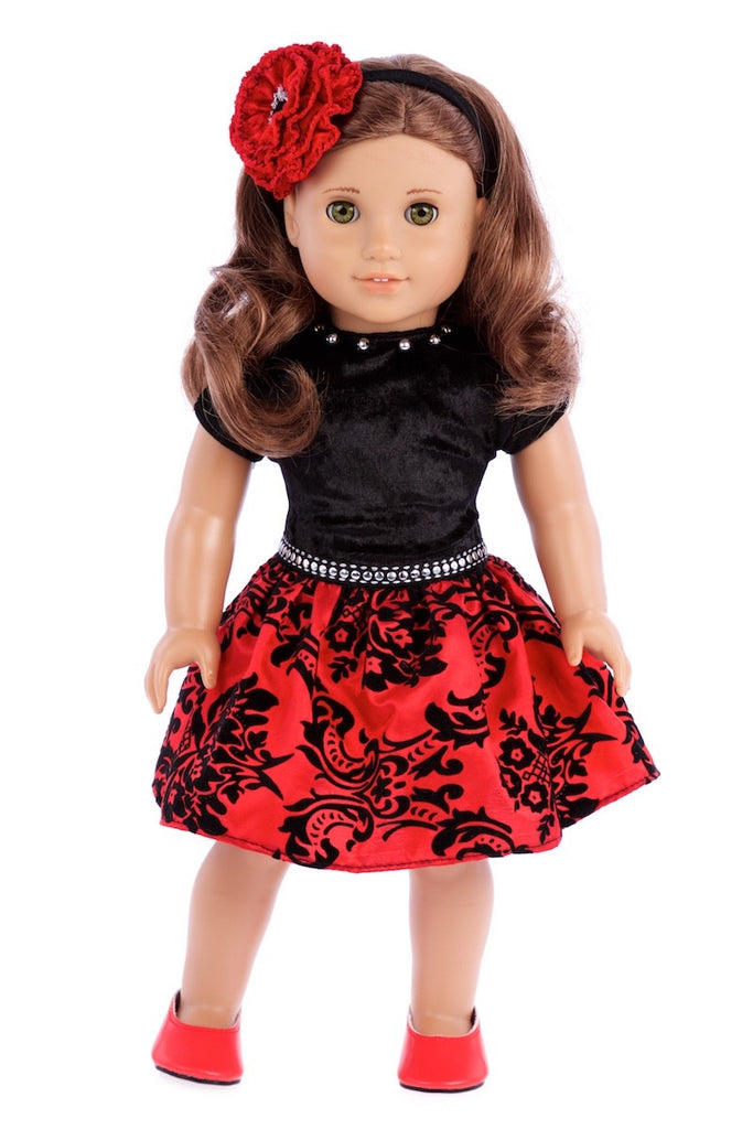 Holiday Spirit - Clothes for 18 inch Doll - Holiday Red Taffeta Party Dress with Red Shoes and Headband