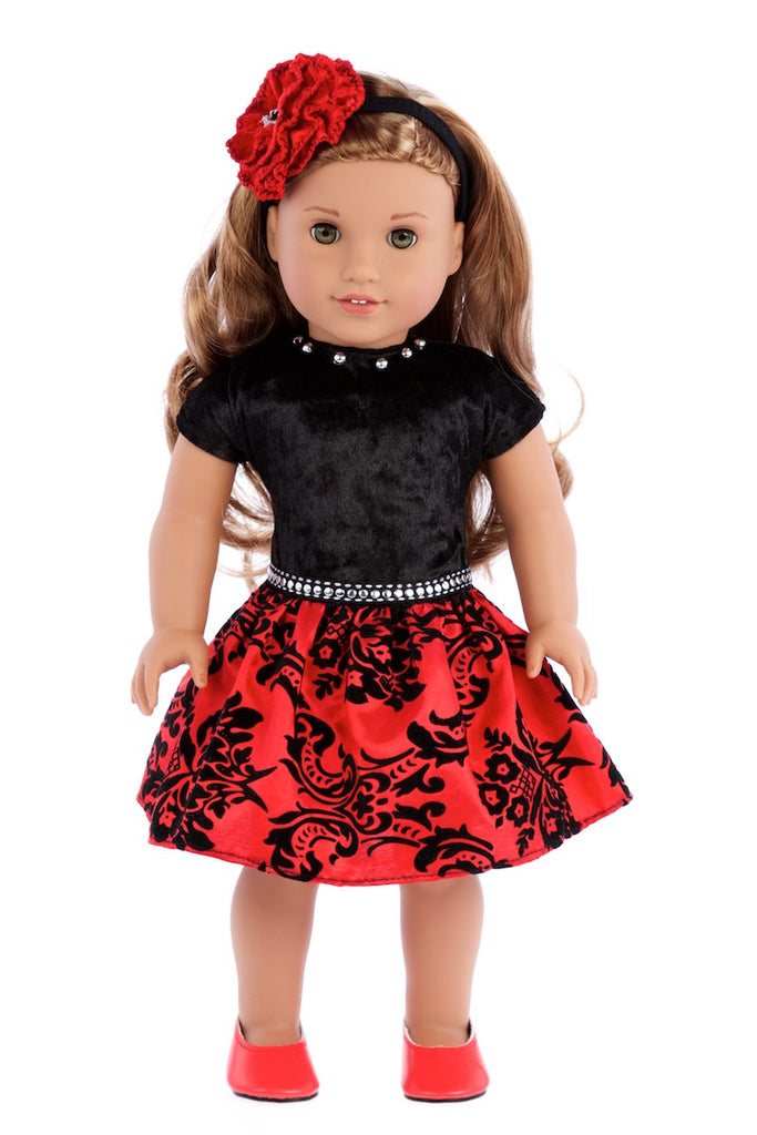 Holiday Spirit - Clothes for 18 inch Doll - Holiday Red Taffeta Party Dress with Red Shoes and Headband