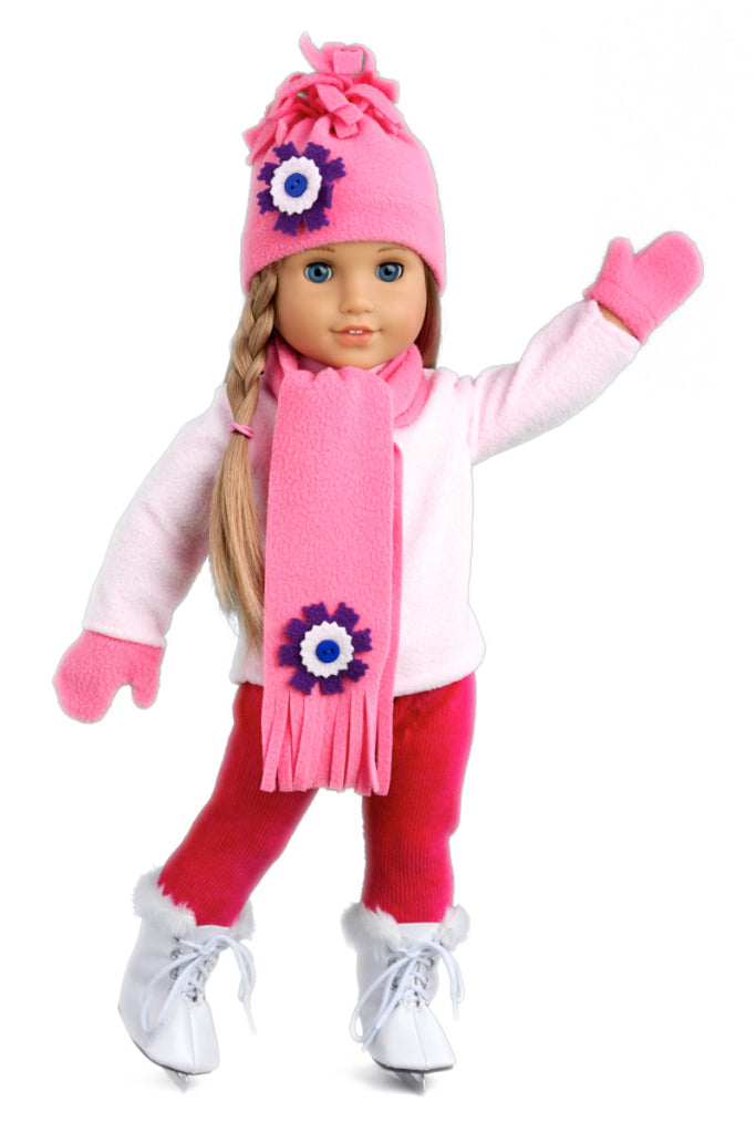 Ice Skating Fun - Clothes for 18 inch Doll - 6 Piece Gift Set - Pink Fleece Blouse with Stretchy Leggings, Hat, Scarf, Mittens and White Ice Skates