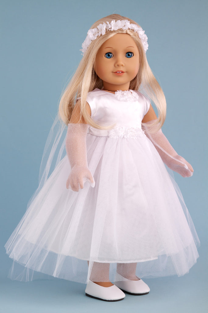 Little Angel - Clothes for 18 inch Doll - White Satin Communion Dress with Veil and Long Gloves and White Shoes