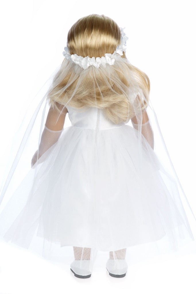 Little Angel - Clothes for 18 inch Doll - White Satin Communion Dress with Veil and Long Gloves and White Shoes