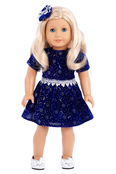 DreamWorld Collections - Midnight Blue - 3 Piece Outfit - Dark Blue Sparkling Holiday Dress with matching Silver Shoes and headpiece - Clothes Fits DreamWorld Collections - Midnight Blue - 3 Piece Outfit - Dark Blue Sparkling Holiday Dress with matching Silver Shoes and headpiece - Clothes Fits