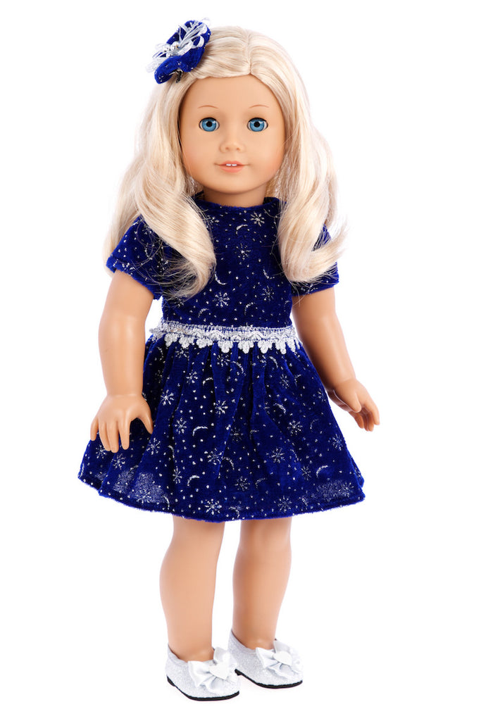 Midnight Blue - Clothing for 18 inch Doll - Dark Blue Sparkling Holiday Dress with matching Silver Shoes