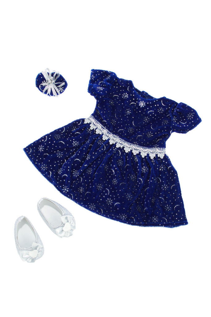 Midnight Blue - Clothing for 18 inch Doll - Dark Blue Sparkling Holiday Dress with matching Silver Shoes