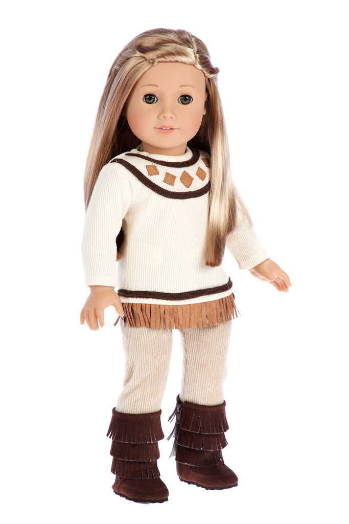 Pocahontas - Doll Clothes for 18 inch Dolls - 3 Piece Doll Outfit - Ivory Tunic, Corduroy Pants and Brown Boots