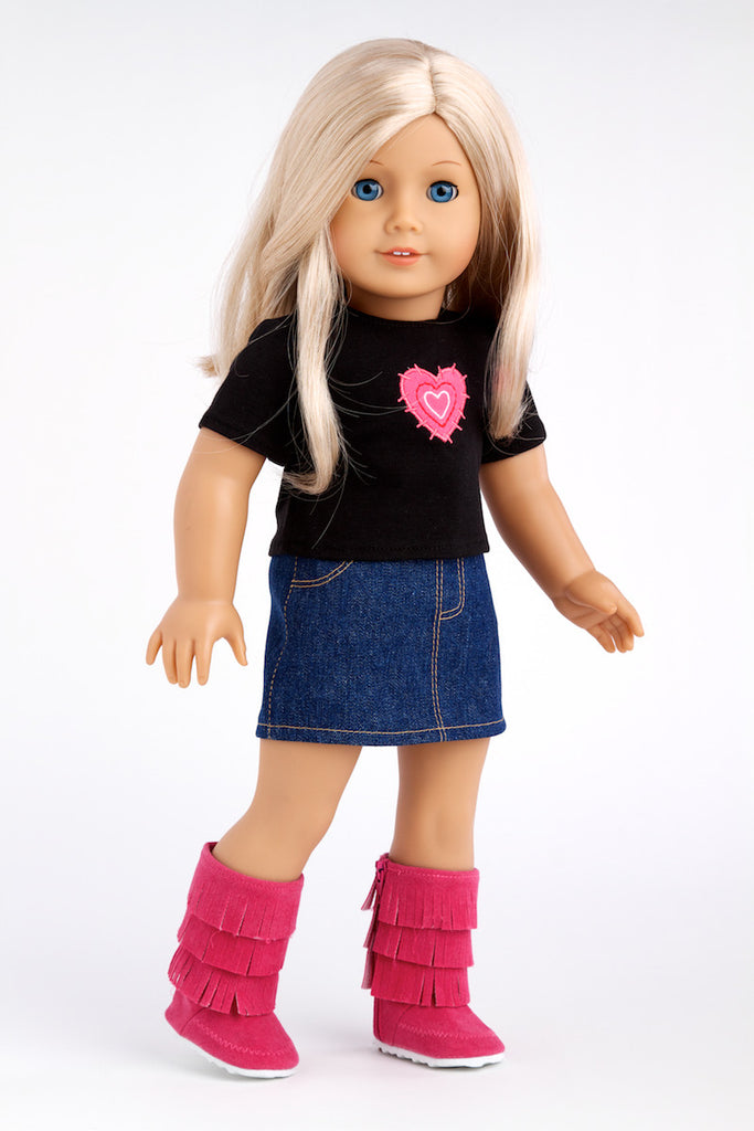 Rock Star - Clothes for 18 inch Doll - 3 Piece Outfit - T-Shirt, Denim Skirt and Hot Pink Boots