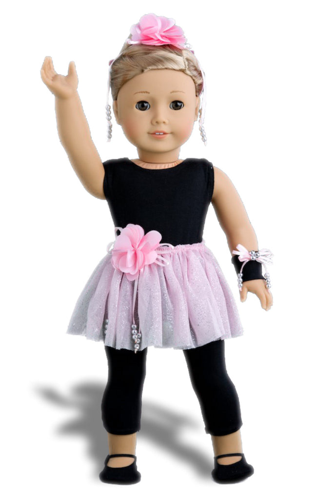 Show Time - Ballet Outfit for 18 inch Doll - Black Unitard, Pink Tutu Skirt, Slippers, Corsage, Hair Piece and Wristband