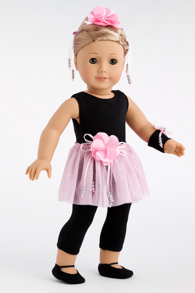 Show Time - Ballet Outfit for 18 inch Doll - Black Unitard, Pink Tutu Skirt, Slippers, Corsage, Hair Piece and Wristband