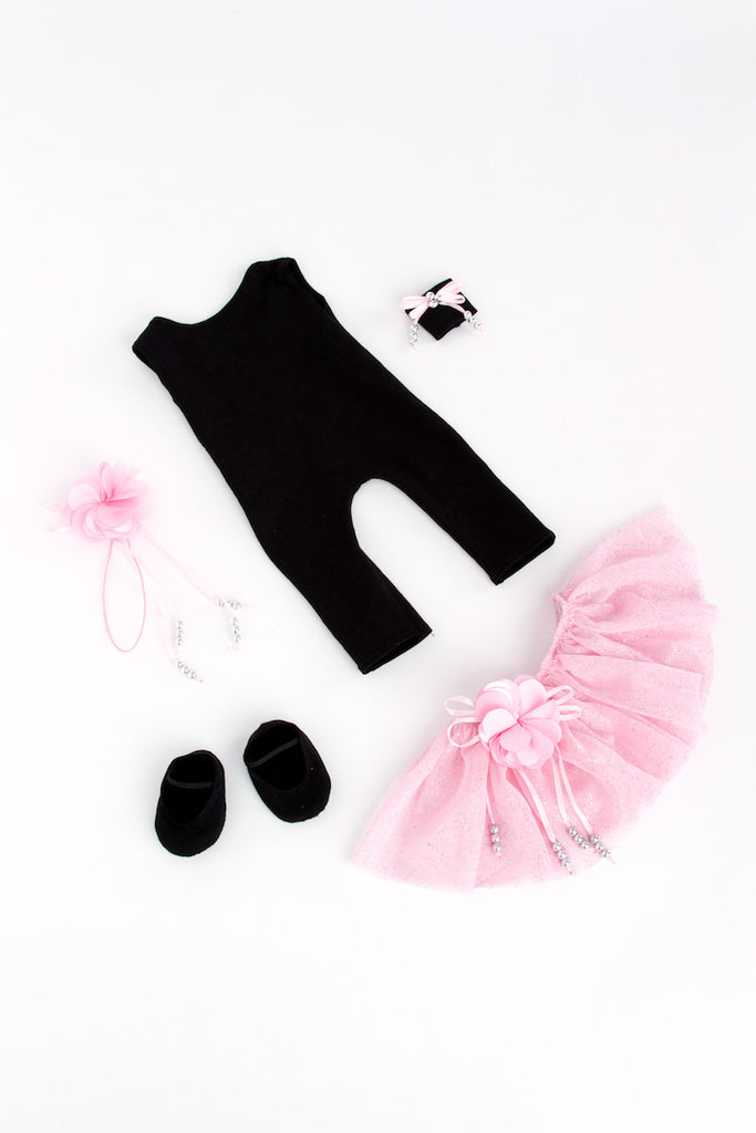 Show Time - Ballet Outfit for 18 inch Doll - Black Unitard, Pink Tutu Skirt, Slippers, Corsage, Hair Piece and Wristband