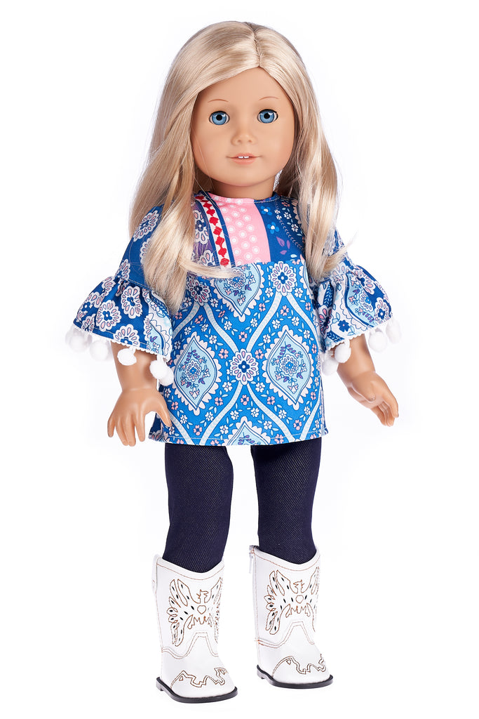 Stylish - 3 Piece Doll Outfit for 18 inch American Girl Doll - Blue Tunic, Leggings and White Cowboy Boots.