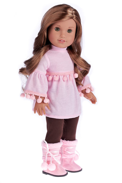Sweet Pea Piece Doll Outfit for 18 inch American Girl Doll Pink Top,  Brown Leggings, Pink Winter Boots.