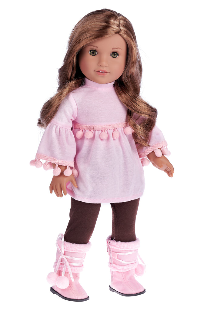 Sweet Pea - 3 Piece Doll Outfit for 18 inch American Girl Doll - Pink Top, Brown Leggings, Pink Winter Boots.