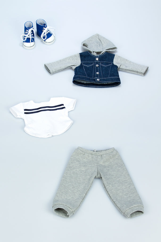 Tomboy - 4 Piece Doll Outfit - Jeans Jacket, Grey Sweatpants, T-shirt and Blue Boots