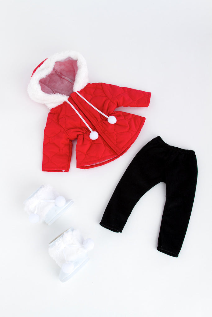 Winter Extravaganza - Clothes for 18 inch Doll - 3 Piece Outfit - Red Quilted Parka with Black Leggings and White Boots