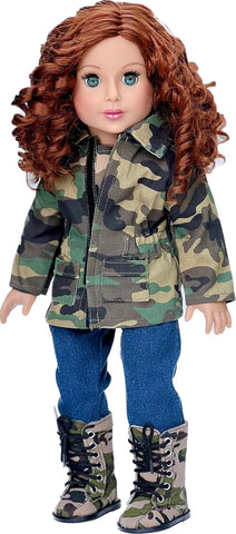 Camo Chic - 4 Piece Outfit for 18 Inch Doll - Ivory Tank Top, Denim Skirt, Green Jacket and Camouflage Boots - 18 Inch Doll Clothes ( Doll Not Included)