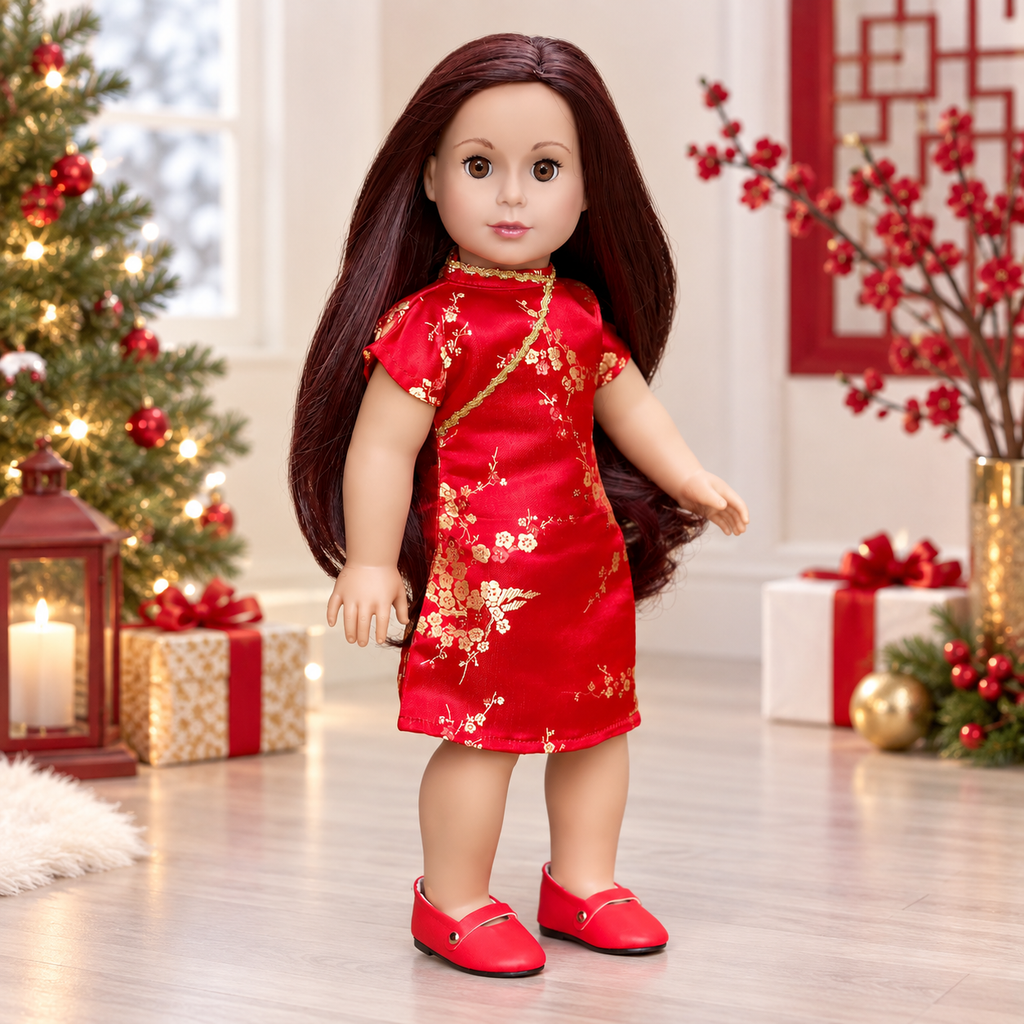 Asian Beauty - Clothes for 18 inch Doll - Asian Red and Gold Traditional Dress with Golden Shoes