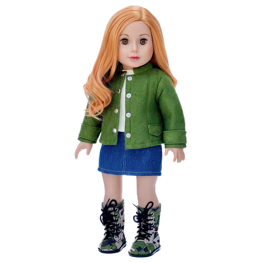 Camo Chic - 4 Piece Outfit for 18 Inch Doll - Ivory Tank Top, Denim Skirt, Green Jacket and Camouflage Boots - 18 Inch Doll Clothes ( Doll Not Included)