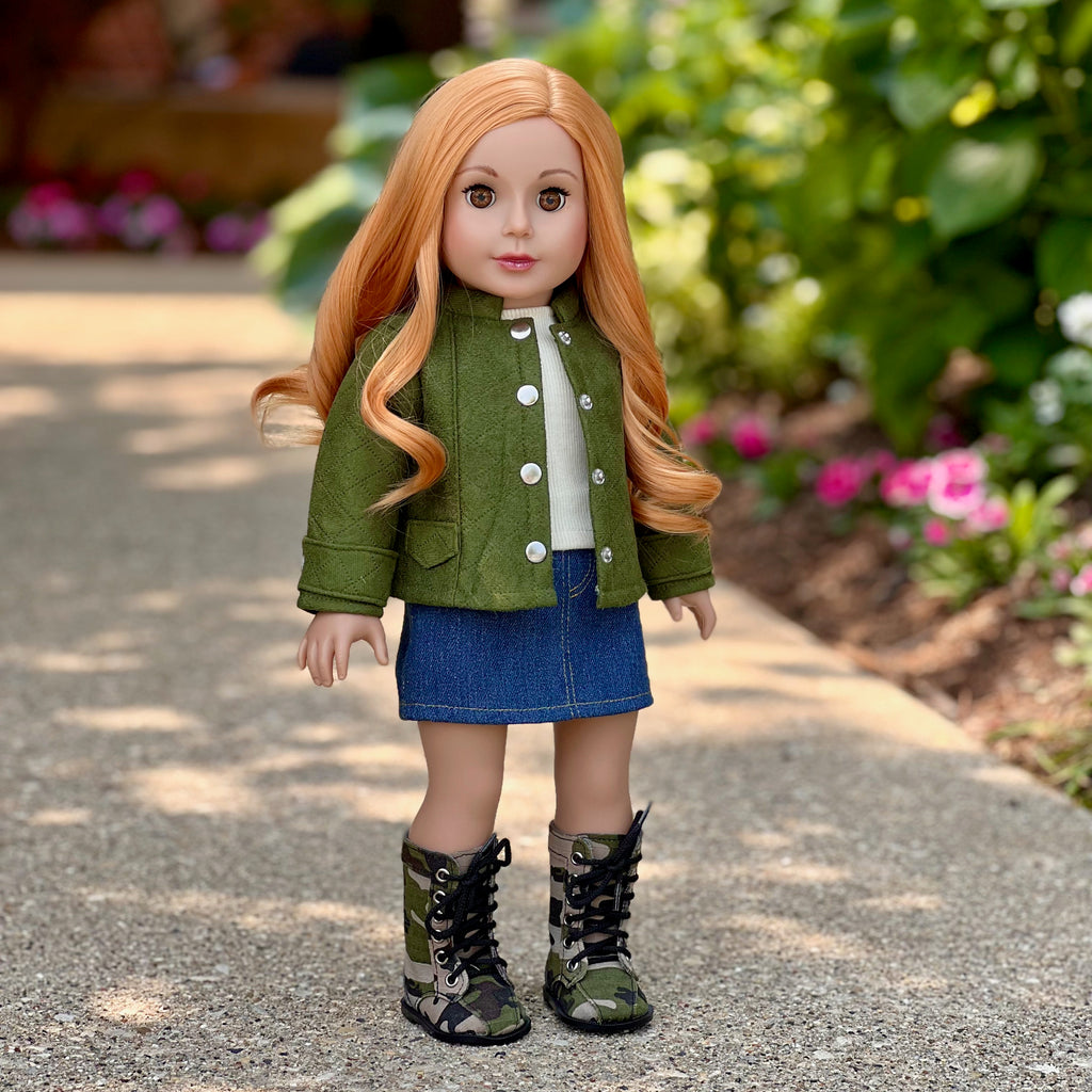 Camo Chic - 4 Piece Outfit for 18 Inch Doll - Ivory Tank Top, Denim Skirt, Green Jacket and Camouflage Boots - 18 Inch Doll Clothes ( Doll Not Included)