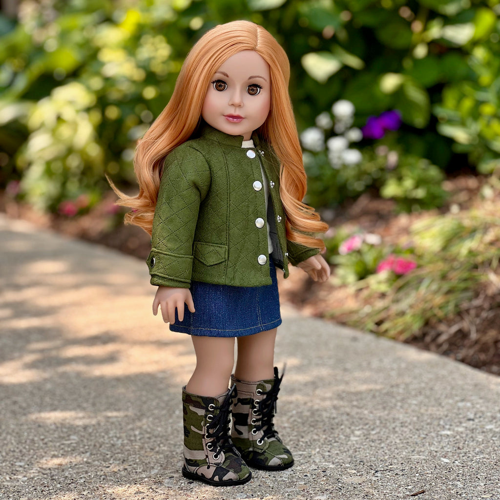 Camo Chic - 4 Piece Outfit for 18 Inch Doll - Ivory Tank Top, Denim Skirt, Green Jacket and Camouflage Boots - 18 Inch Doll Clothes ( Doll Not Included)