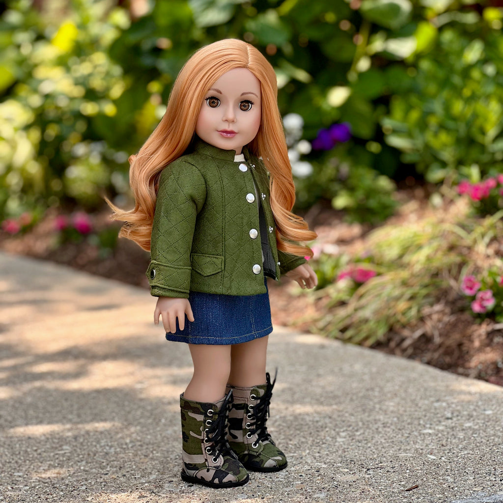 Camo Chic - 4 Piece Outfit for 18 Inch Doll - Ivory Tank Top, Denim Skirt, Green Jacket and Camouflage Boots - 18 Inch Doll Clothes ( Doll Not Included)