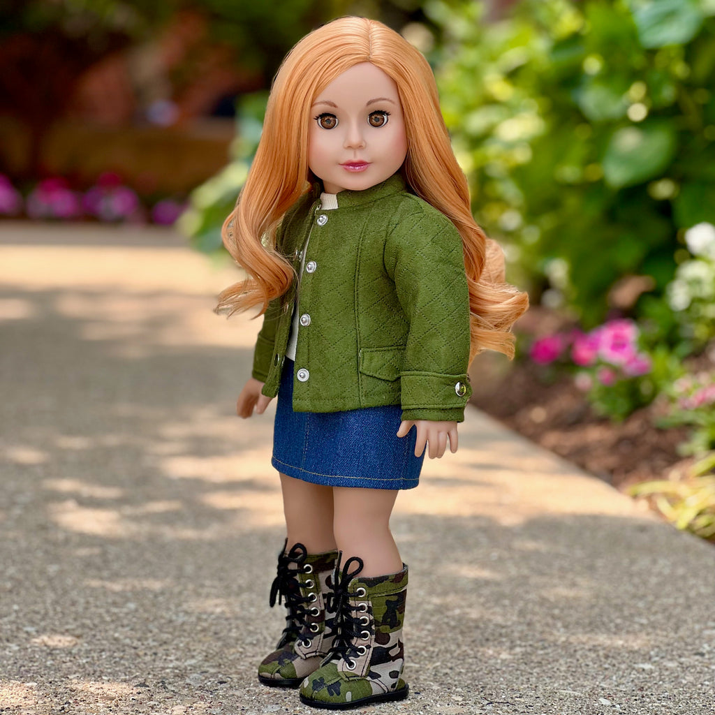 Camo Chic - 4 Piece Outfit for 18 Inch Doll - Ivory Tank Top, Denim Skirt, Green Jacket and Camouflage Boots - 18 Inch Doll Clothes ( Doll Not Included)