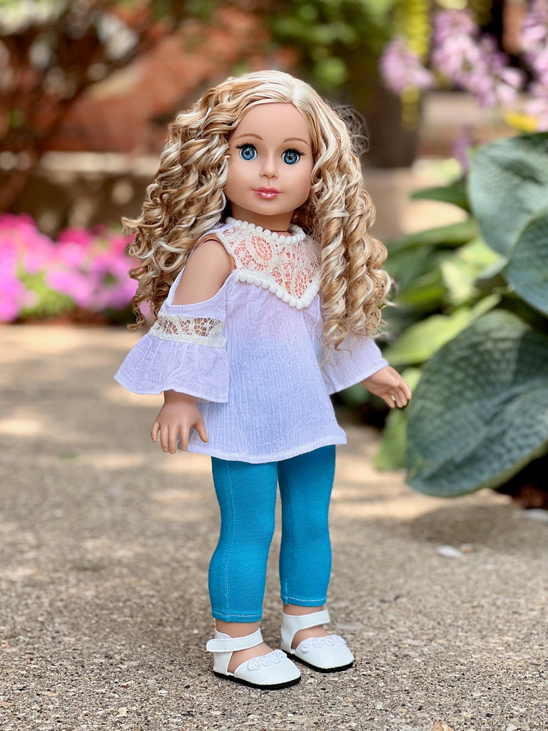 Trendy Girl - 3 Piece Doll Outfit - White Cotton Blouse, Turquoise Leggings and White Shoes