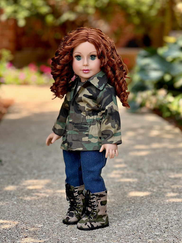 Military Style - 4 piece doll outfit - Camouflage Jacket, T-shirt, Jeans and Camouflage Boots