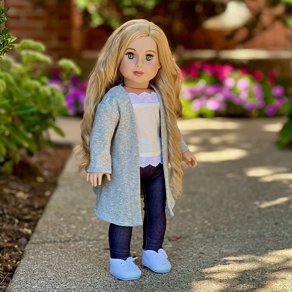 Comfy Chic - 4 Piece Outfit for 18 Inch Doll - White Tank Top, Leggings, Gray Long Sweater and White Sneakers - 18 Inch Doll Clothes ( Doll Not Included)