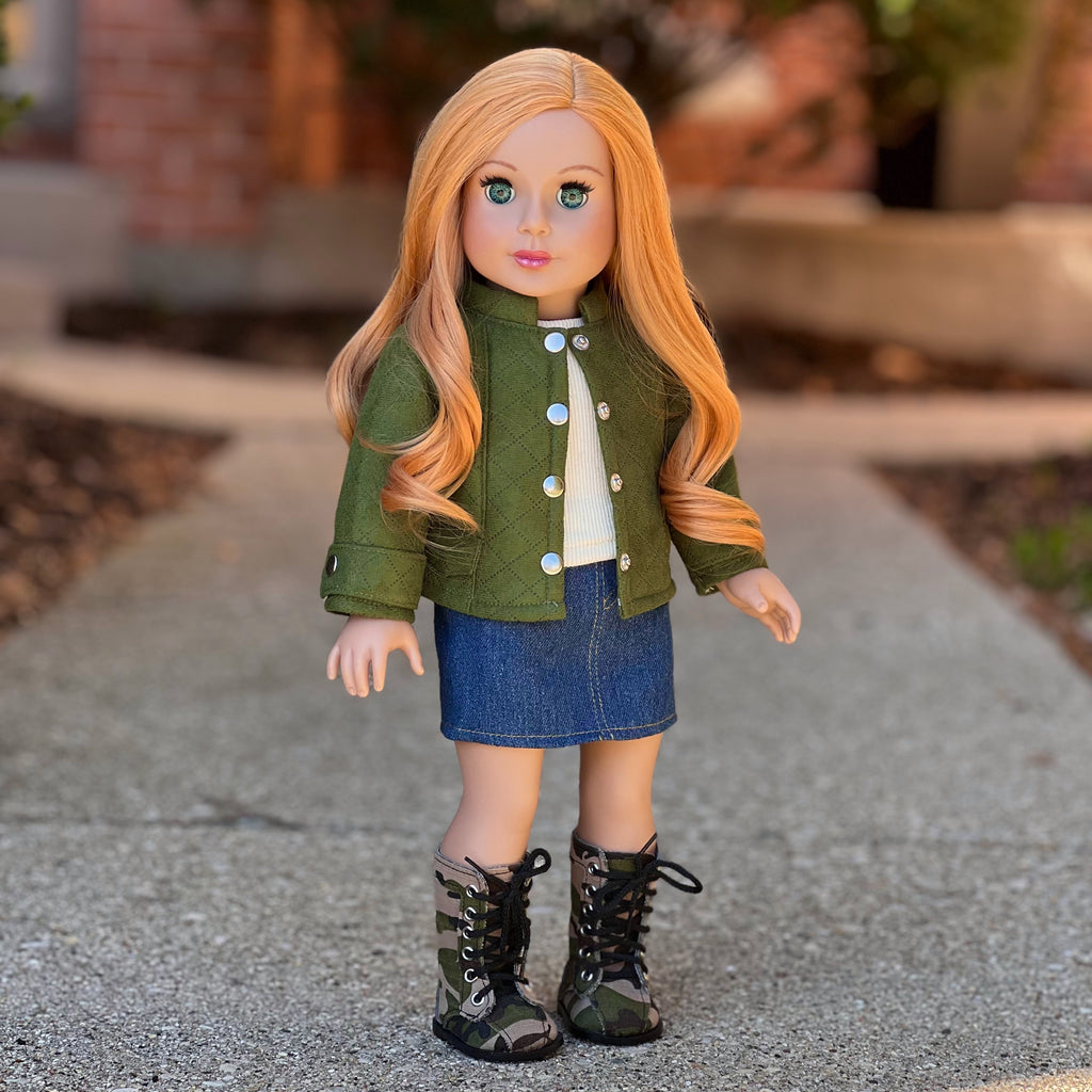 Camo Chic - 4 Piece Outfit for 18 Inch Doll - Ivory Tank Top, Denim Skirt, Green Jacket and Camouflage Boots - 18 Inch Doll Clothes ( Doll Not Included)