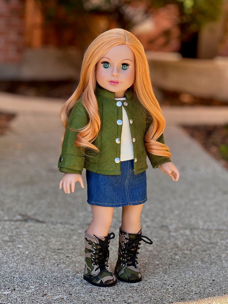 Camo Chic - 4 Piece Outfit for 18 Inch Doll - Ivory Tank Top, Denim Skirt, Green Jacket and Camouflage Boots - 18 Inch Doll Clothes ( Doll Not Included)