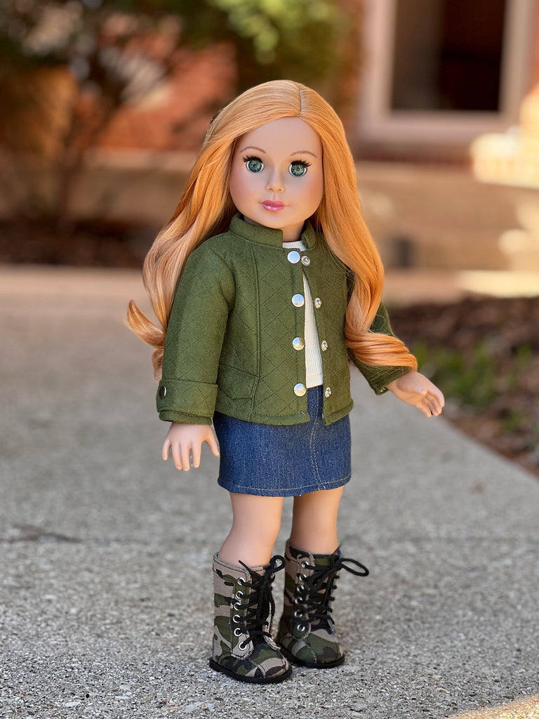 Camo Chic - 4 Piece Outfit for 18 Inch Doll - Ivory Tank Top, Denim Skirt, Green Jacket and Camouflage Boots - 18 Inch Doll Clothes ( Doll Not Included)