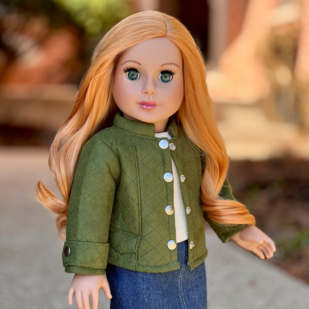 Camo Chic - 4 Piece Outfit for 18 Inch Doll - Ivory Tank Top, Denim Skirt, Green Jacket and Camouflage Boots - 18 Inch Doll Clothes ( Doll Not Included)