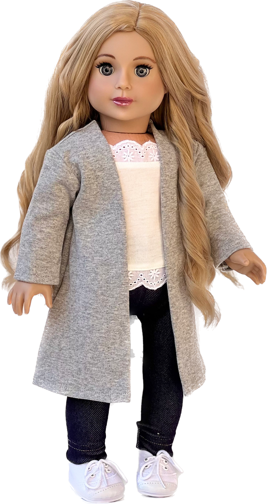 Comfy Chic - 4 Piece Outfit for 18 Inch Doll - White Tank Top, Leggings, Gray Long Sweater and White Sneakers - 18 Inch Doll Clothes ( Doll Not Included)