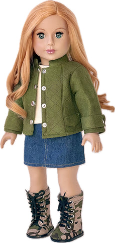 Trendy Jewel - Clothes for 18 inch Doll - 5 Piece Outfit - Jeans Jacket, White Tunic, Leggings, Beret and Black Boots